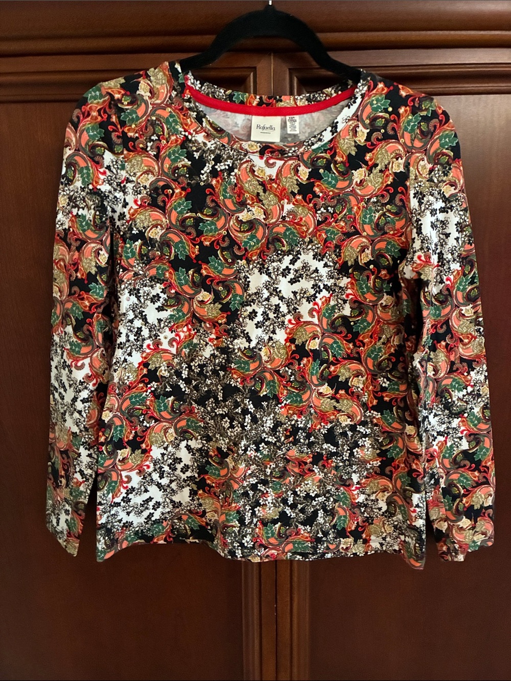 Rafaella Paisley-Print Long Sleeve Crew Neck Top in Black, Red, Green